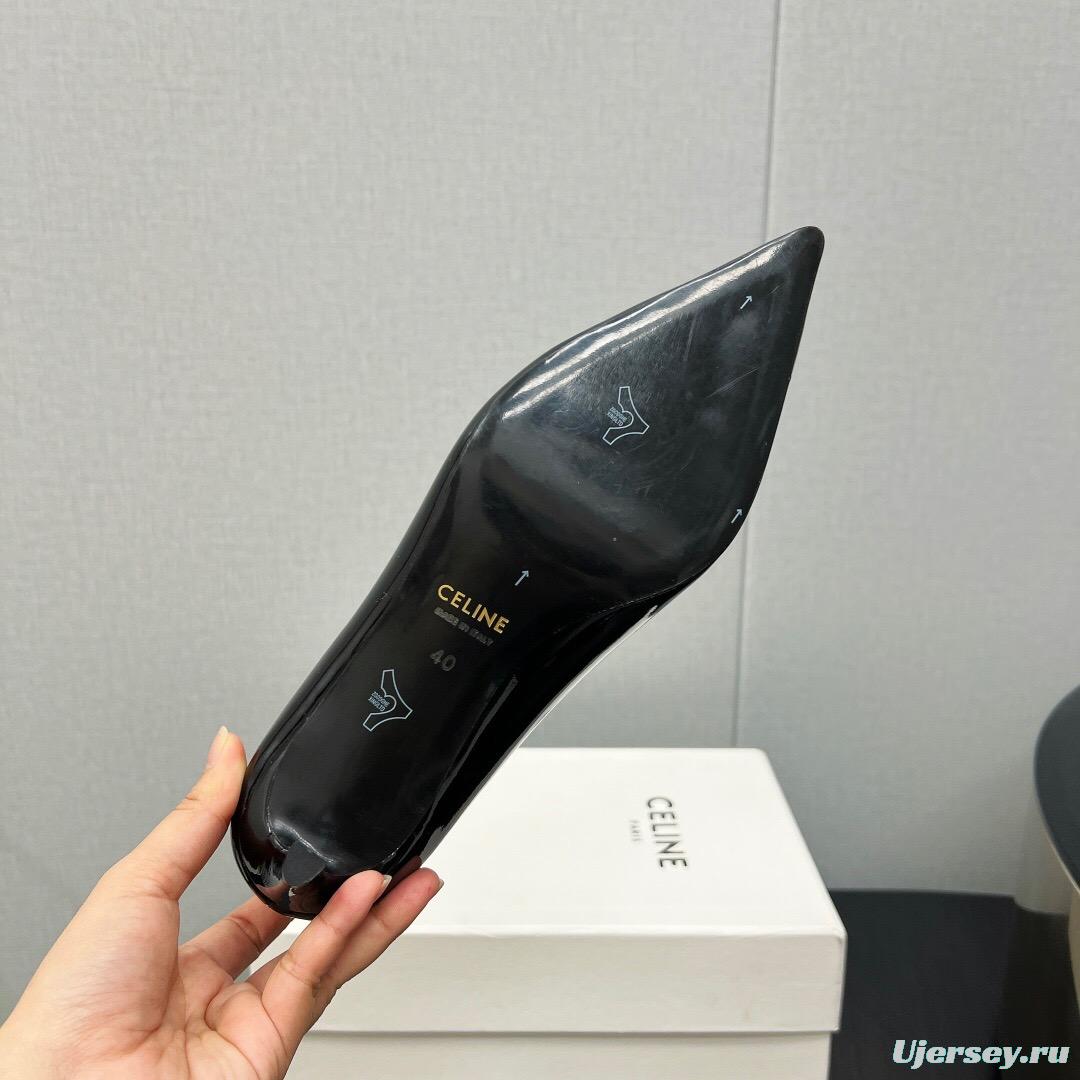 2025 Women Celine Black Patent Leather Pointed Toe Buckle Pumps KFY00290