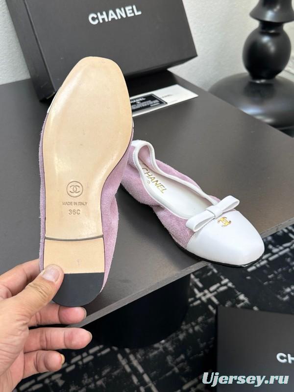 2025 Women CHANEL White Purple Leather Bow Ballet Flats Unisex LY00360(F)