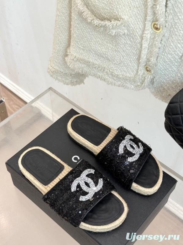 2025 Women Chanel Black Sequin Espadrille Slides Classic Double C Logo Handmade Braided Sole KFY00240(F)