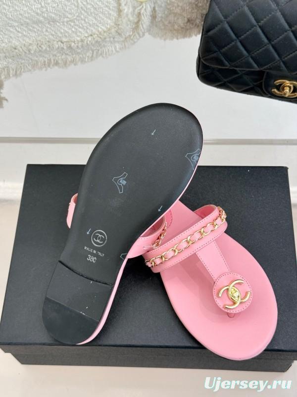 2025 Women Chanel Pink Lambskin Chain Toe Ring Sandals