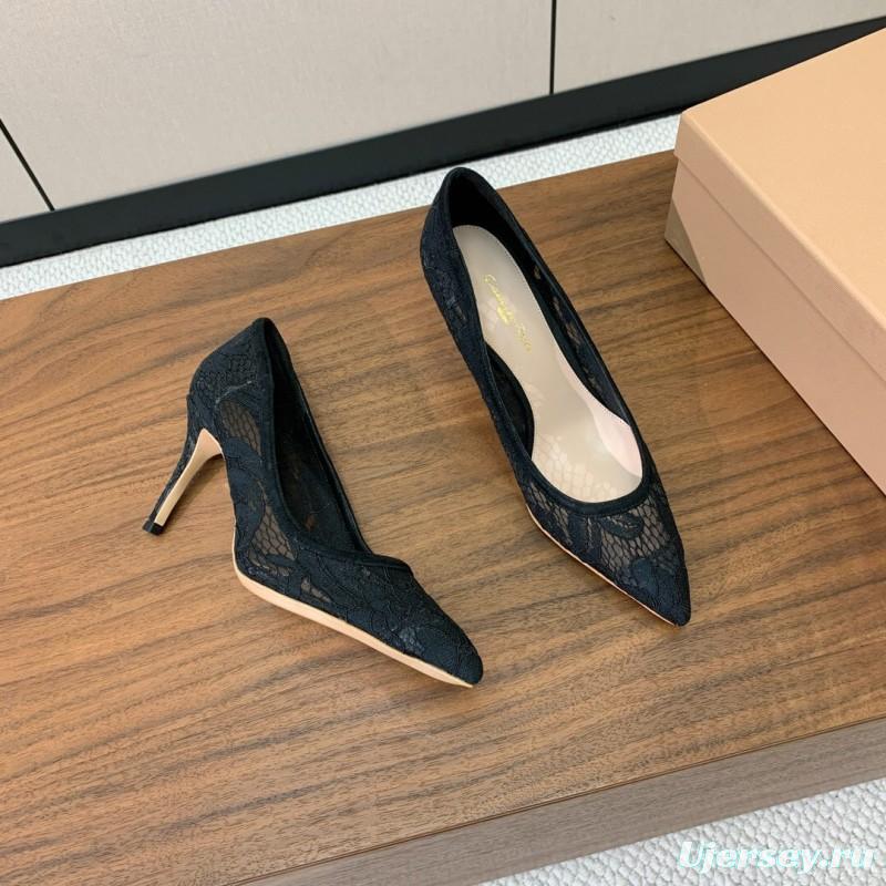 2025 Women Gianvito Rossi Black Lace Leather Pumps KFY00280