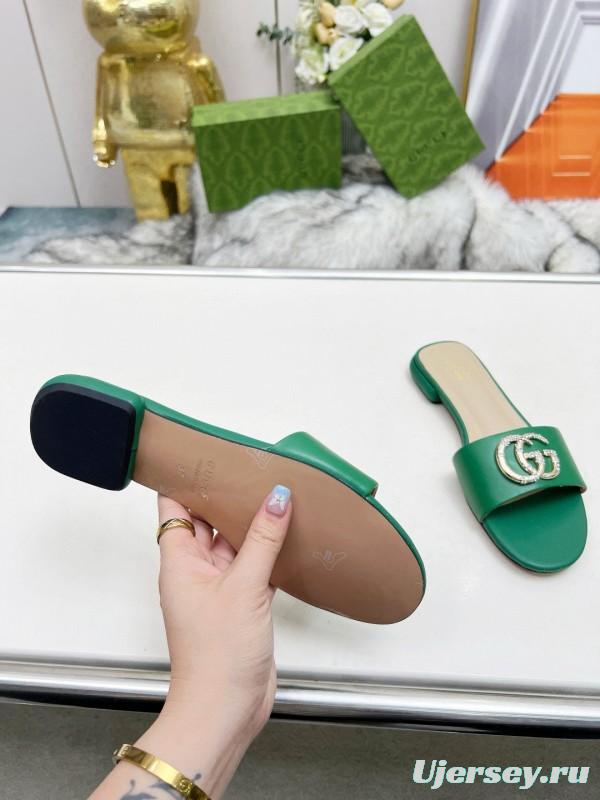 2025 Women Gucci Green Leather Flat Heel Slippers Double G Buckle MJ00190