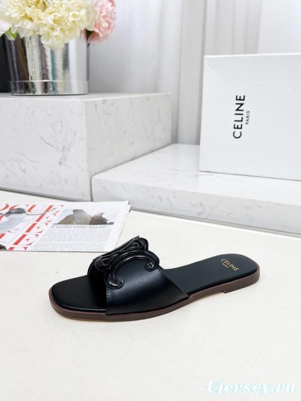 2025 Women Celine Black Leather Slippers LY00190