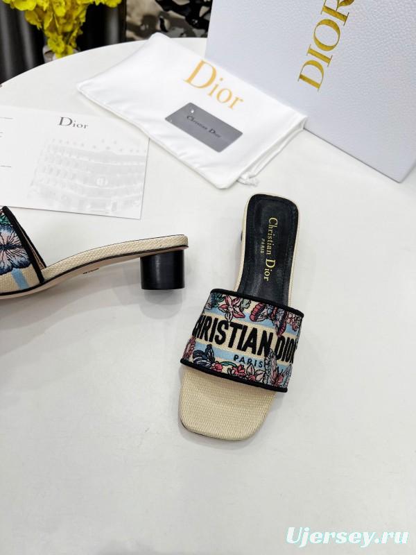 2025 Women Dior Black Beige Embroidery Mid Heel Slippers