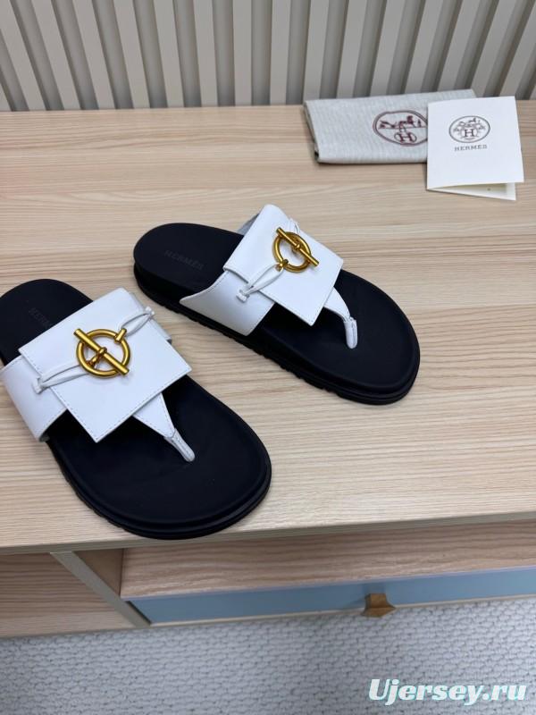 2025 Slippers Hermès White Black Leather Slippers
