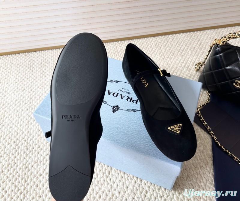 2025 Women Prada Black Suede Mary Jane Ballet Flat