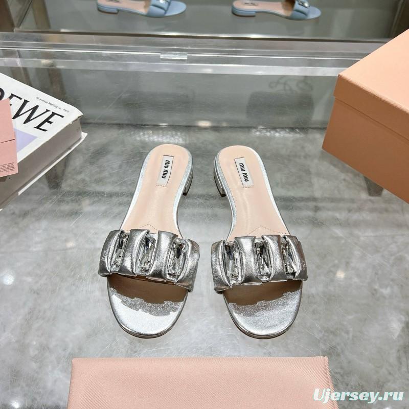 2025 Women Miumiu Silver Metallic Leather Slippers