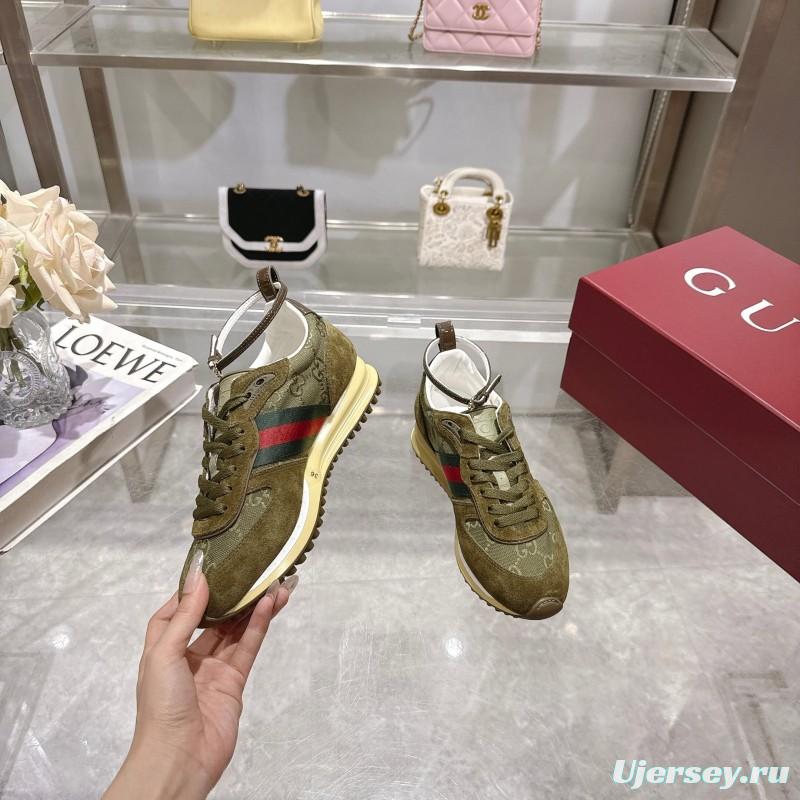 2025 Women Gucci Khaki Green Red Suede Mesh Sneakers LY00340