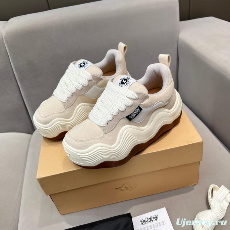 2025 Unisex HEYDAY Beige White Canvas Leather Wave Bread Sneakers KFY00260