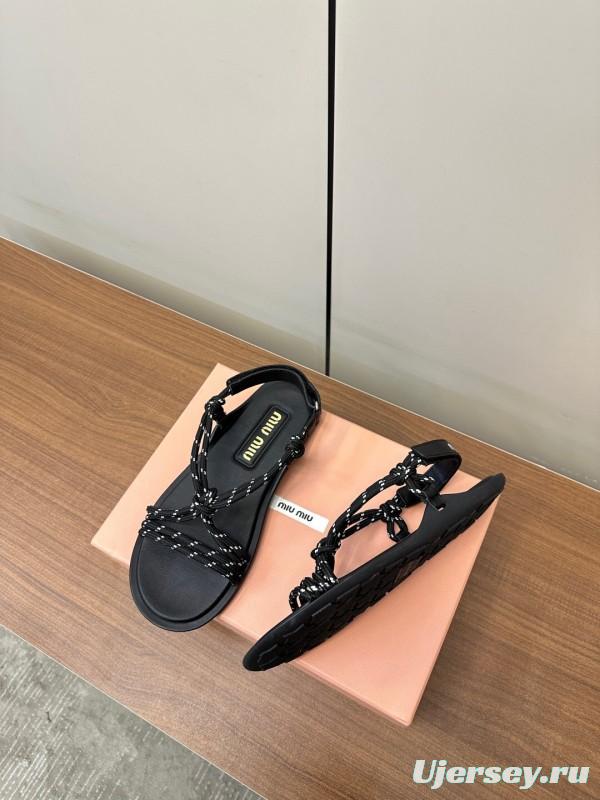 2025 Women Miu Miu Black Leather Rope Sandals