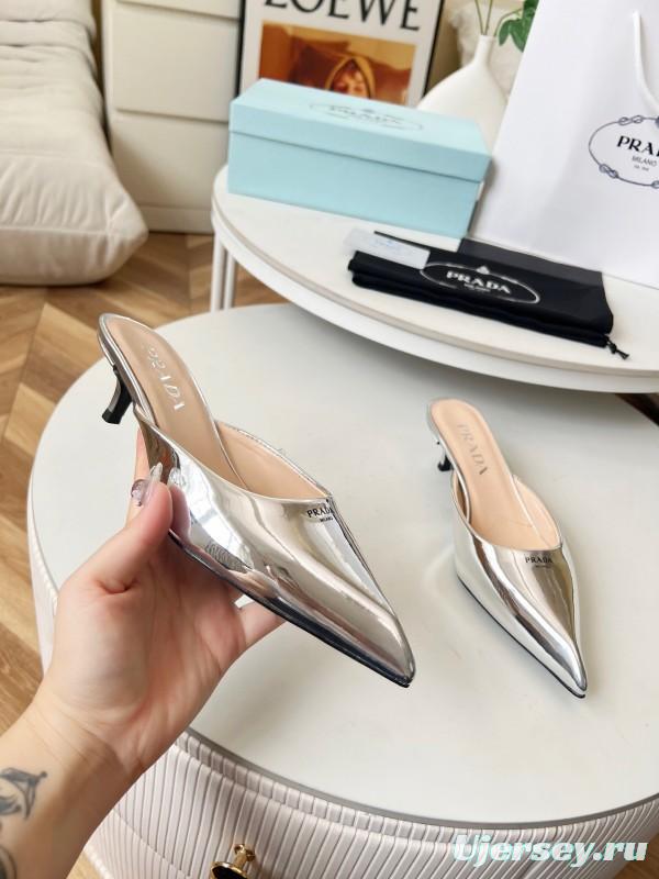 2025 Women Prada Silver Patent Leather Mules