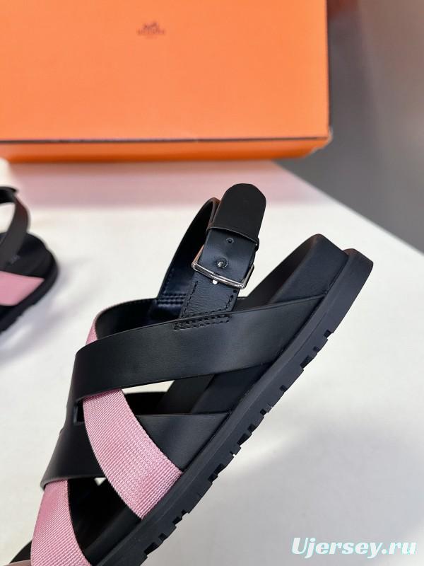 2025 Women Hermès Pink Black Leather Sandals