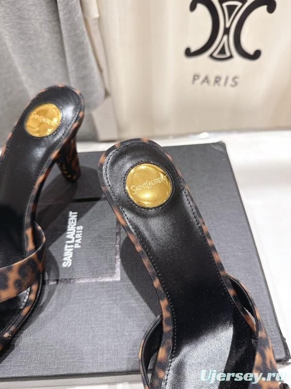 2025 Women Yves Saint Laurent Leopard Print Leather High Heel Sandals