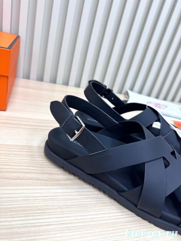 2025 Slippers Hermès Black Leather Sandals