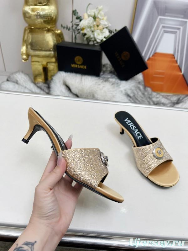 2025 Women VERSACE Gold Silk Rhinestone Heeled Sandals
