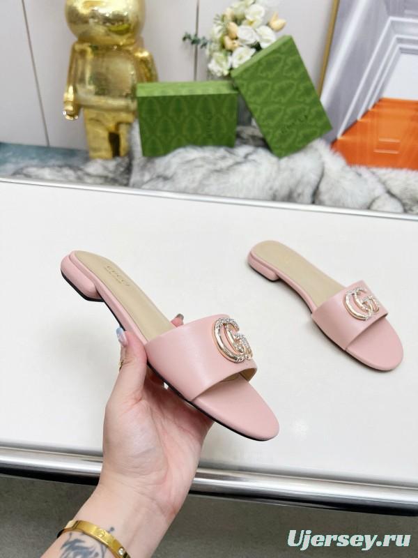 2025 Women Gucci Pink Leather Slippers GG Buckle MJ00190