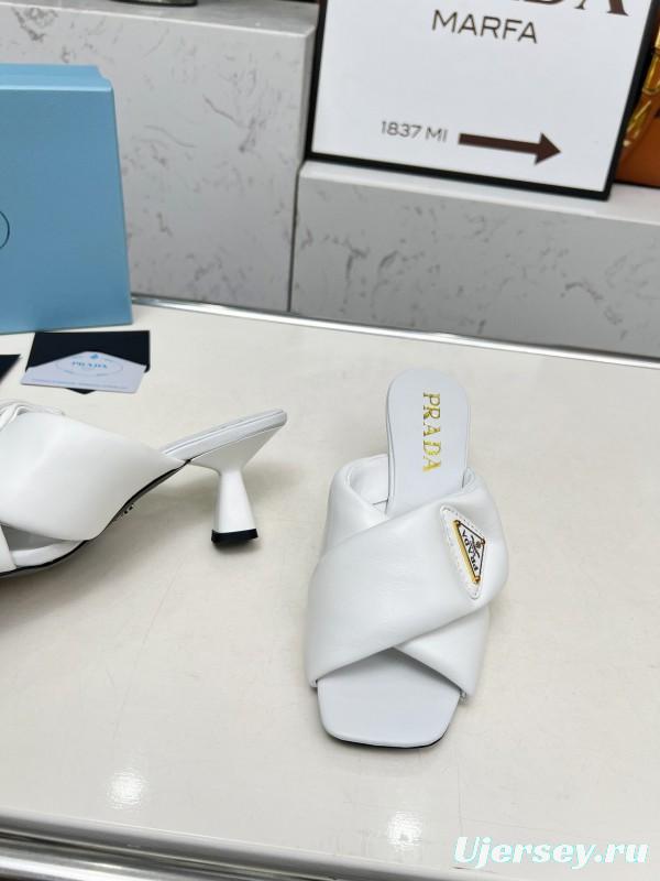 2025 Women Prada White Calf Leather Heeled Slide LY00270