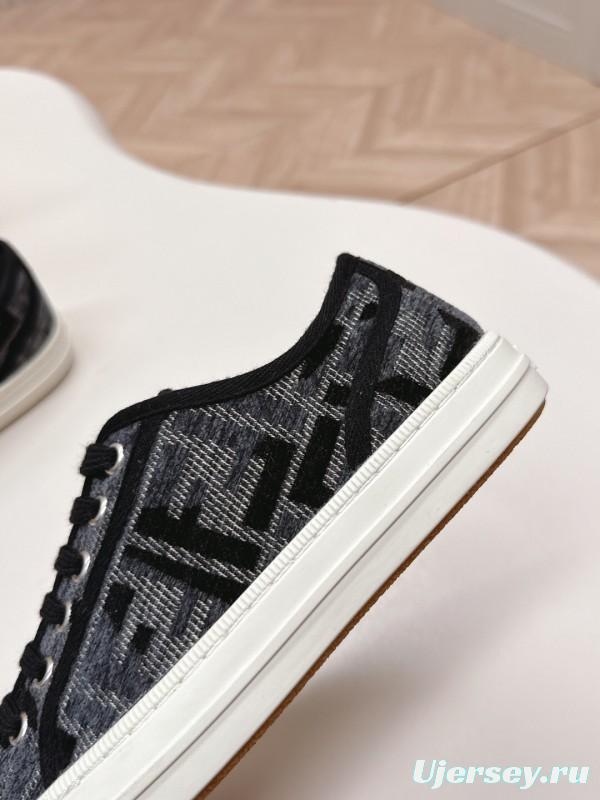 2025 Women Fendi Black Grey Fabric Leather Sneakers