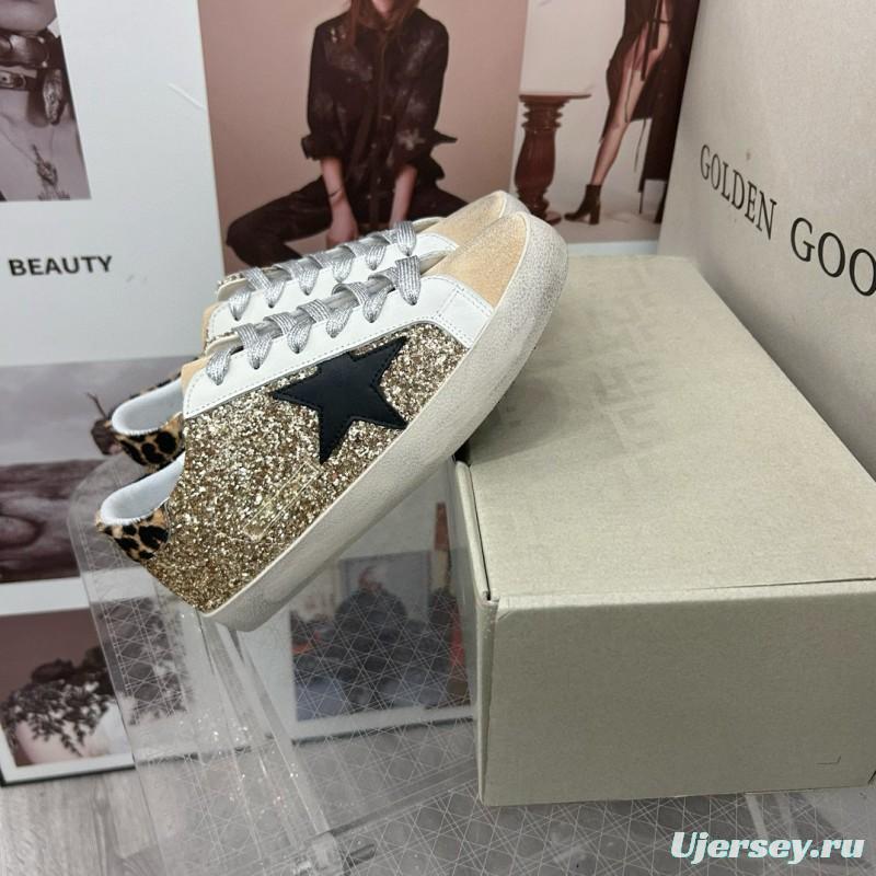 2025 Women GGDB Gold Glitter Black Leather Star Leopard Print Suede Sneakers