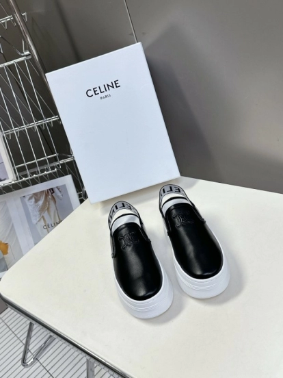 2025 Women CELINE Black White Leather Slip-On Sneakers LY00280