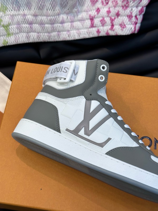 2024 Men Louis Vuitton White Grey Leather Canvas High Top Classic Sneakers MJ00420