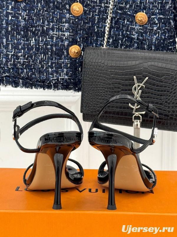 2025 Women Louis Vuitton Black Leather High Heel Sandals