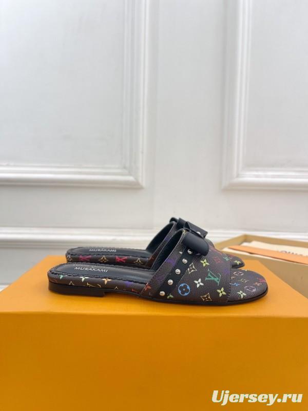 2025 Slippers Louis Vuitton Black Multicolor Monogram Leather Bow KFY00290