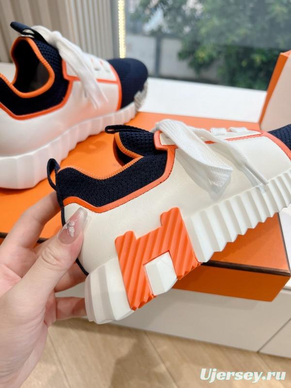 2024 Unisex Hermès 爱H Navy Orange Knit Leather Sneakers 