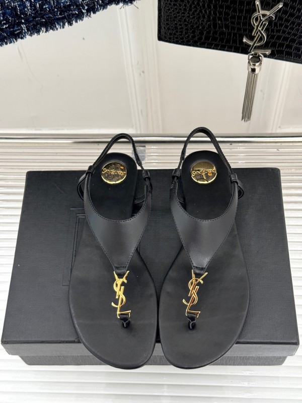2025 Women Yves Saint Laurent Black Leather Sandals KFY00270