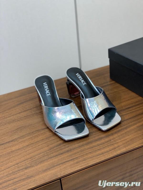 2025 Women VERSACE Silver Leather Slippers