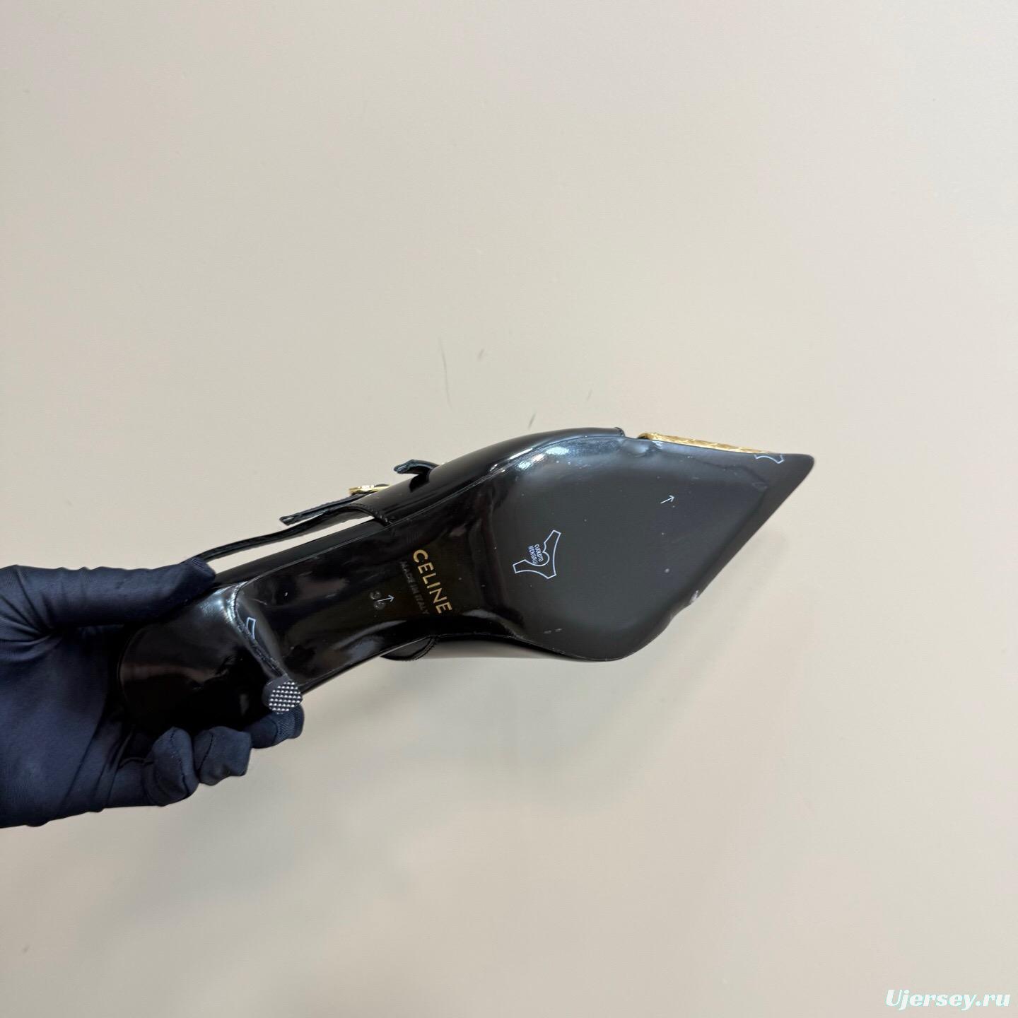 2025 Women CELIN* Black Gold Leather Pointed Toe Slingback Heels