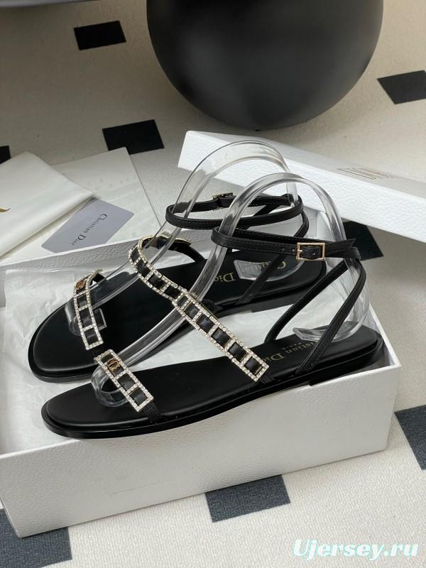 2025 Women Dior Black Crystal Embellished Leather Flat Sandals