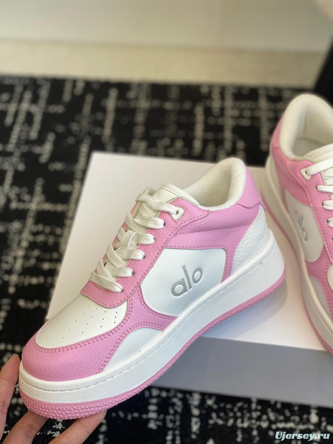 2025 Women Alo White Pink Leather Sneakers KFY00280