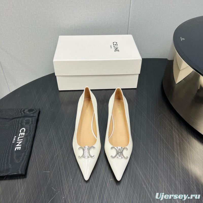 2025 Women Celine White Leather Pointed Toe Kitten Heel KFY00290