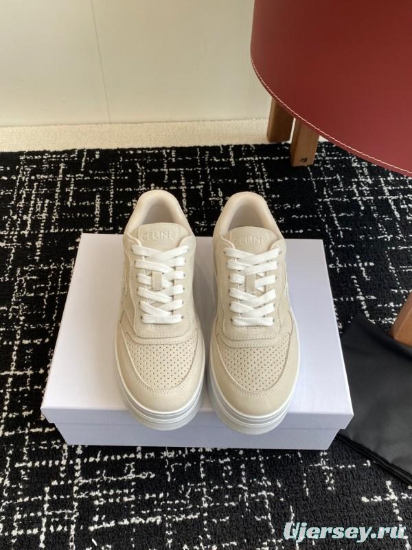 2025 Women Celine Beige Suede Platform Sneakers KFY00320