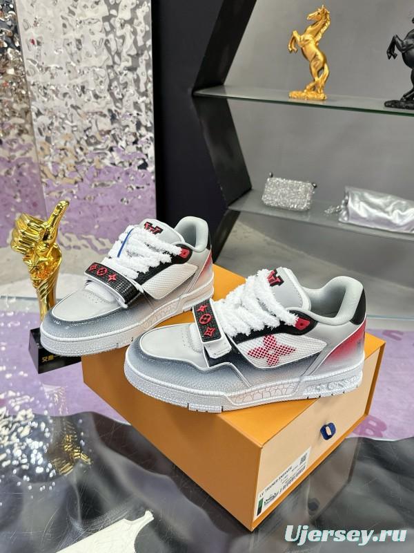 2024 Unisex Louis Vuitton White Gray Pink Leather Mesh Trainer