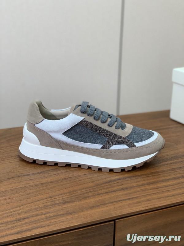 2025 Unisex Brunello Cucinelli Beige Gray White Leather Wool Casual Sneakers LY