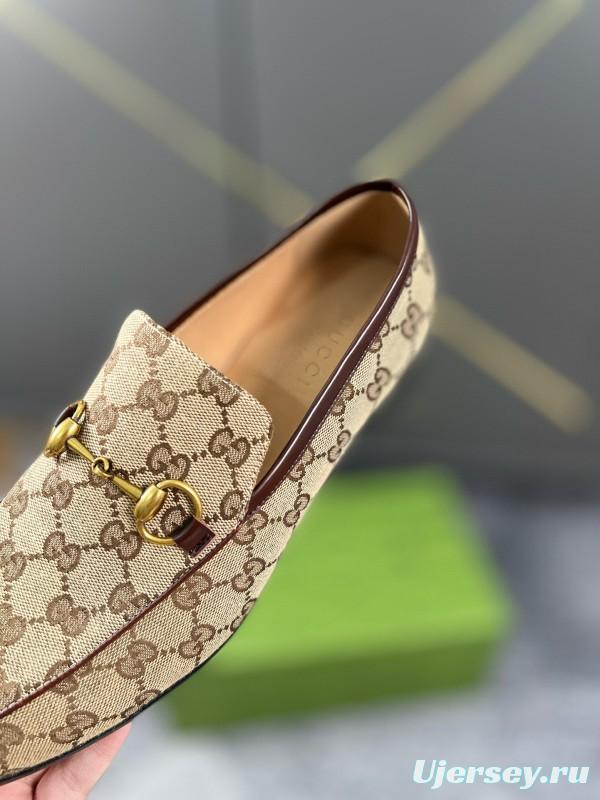 2024 Men Gucci Beige Brown Canvas Leather Loafer