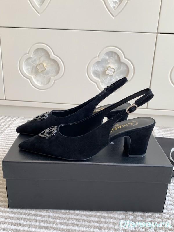 2025 Women Chanel Black Suede Slingback Heels CC Logo KFY00300