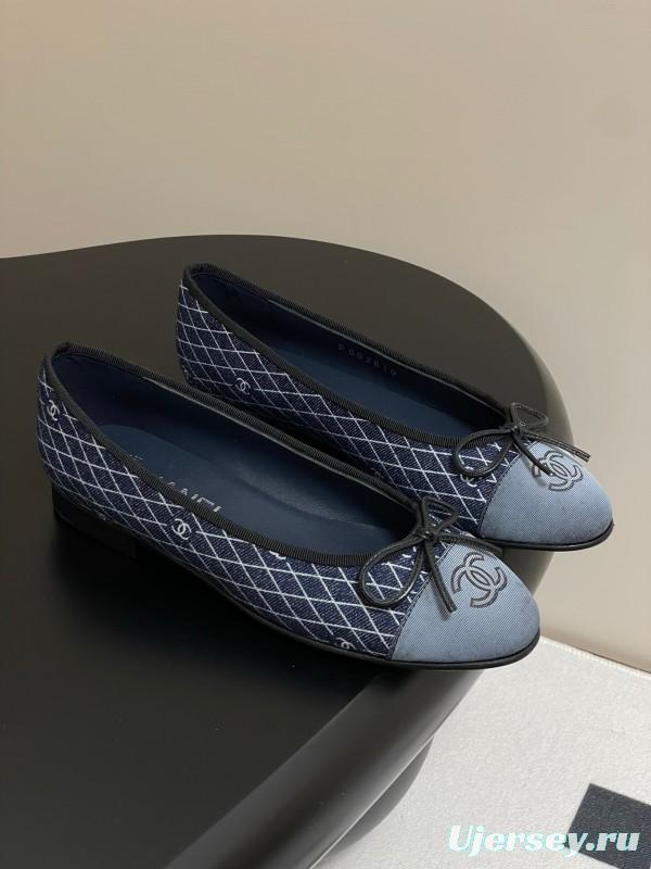 2025 Women Chanel Blue Denim Leather Ballet Flat