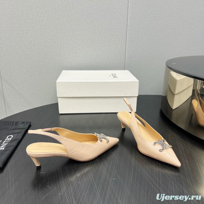 2025 Women Celine Beige Leather Slingback Shoes Metal Buckle