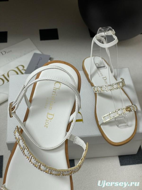 2025 Women Dior White Leather Flat Sandals Crystal Embellishment