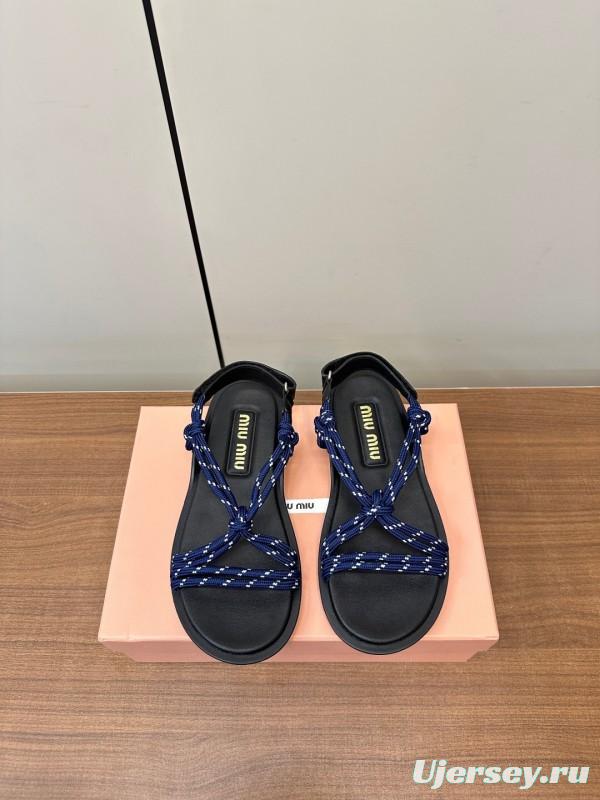 2025 Women Miu Miu Blue Black Leather Rope Sandals