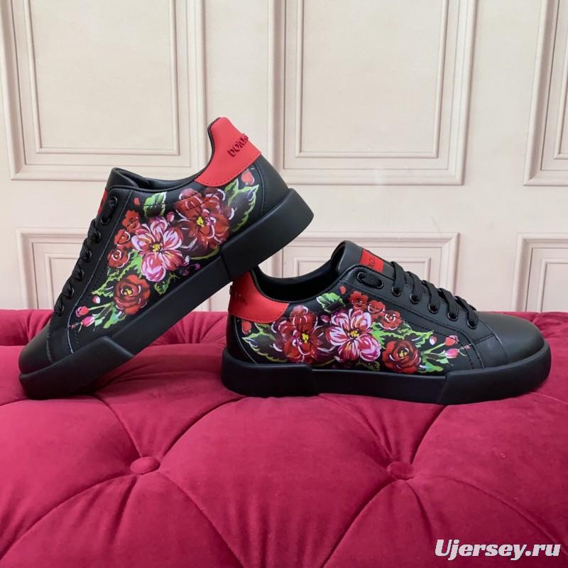 2025 Women Dolce & Gabbana Black Red Leather Sneakers Floral LY00300