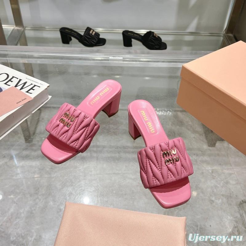 2025 Women Miu Miu Pink Sheepskin Heeled Sandals Quilted KFY00250