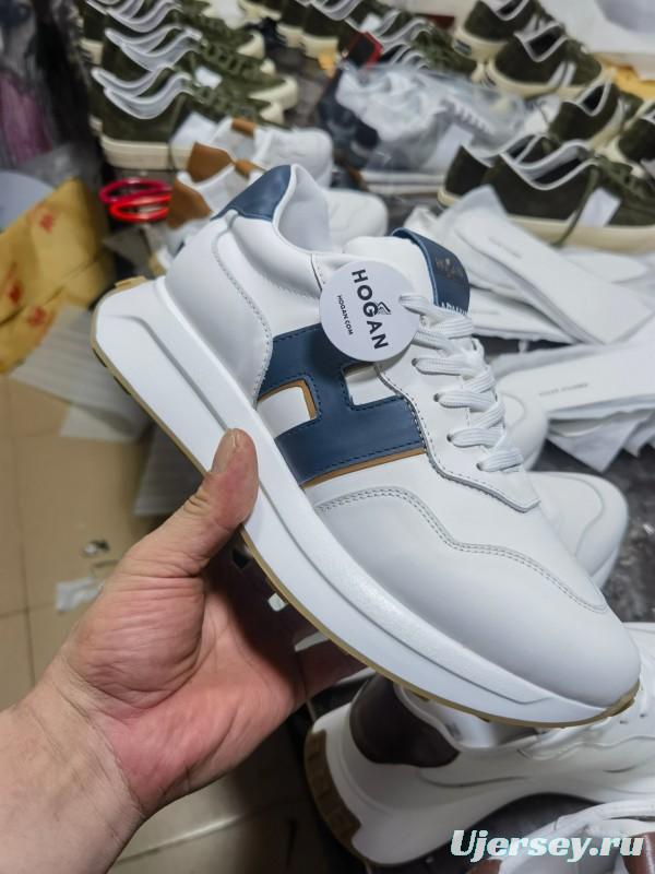 2025 Unisex HOGAN White Blue Brown Leather Sneakers H-STRIPES LY00360(F)/LY00370(M)