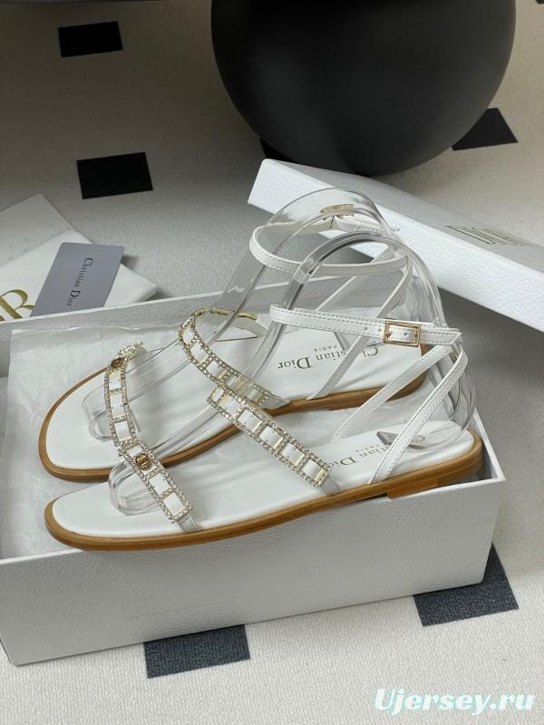 2025 Women Dior White Leather Flat Sandals Crystal Embellishment