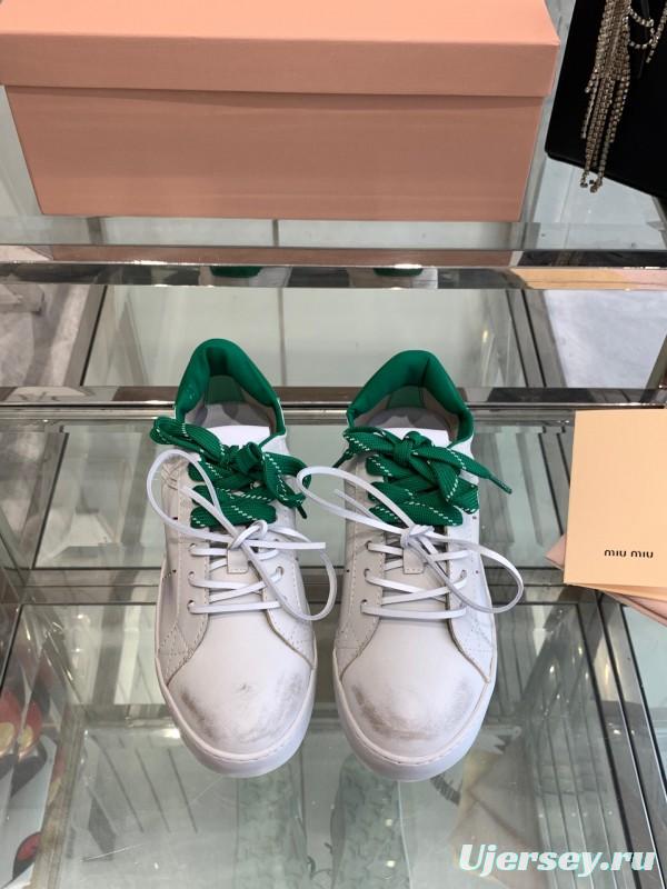 2025 Women Miu Miu White Green Leather Sneakers LY00290