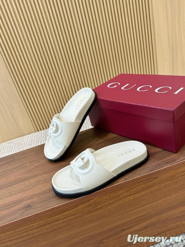 2025 Women Gucci White Leather Slippers GG Logo LY00230