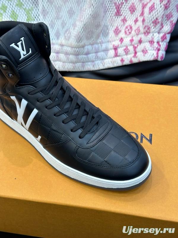 2024 Men Louis Vuitton Black White Leather High-Top Sneakers MJ00420